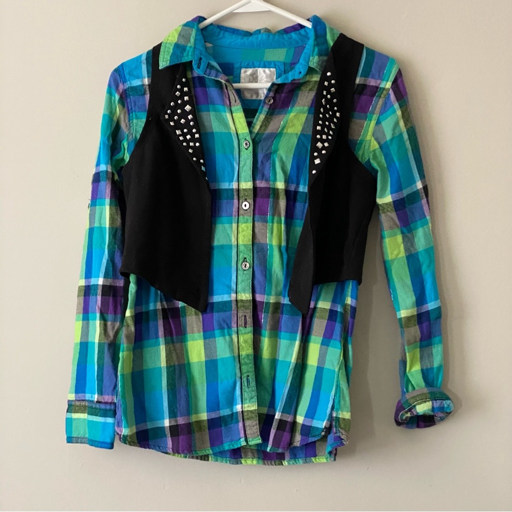 Justice Girls Button-up Plaid Shirt with a Studded Vest Size 14